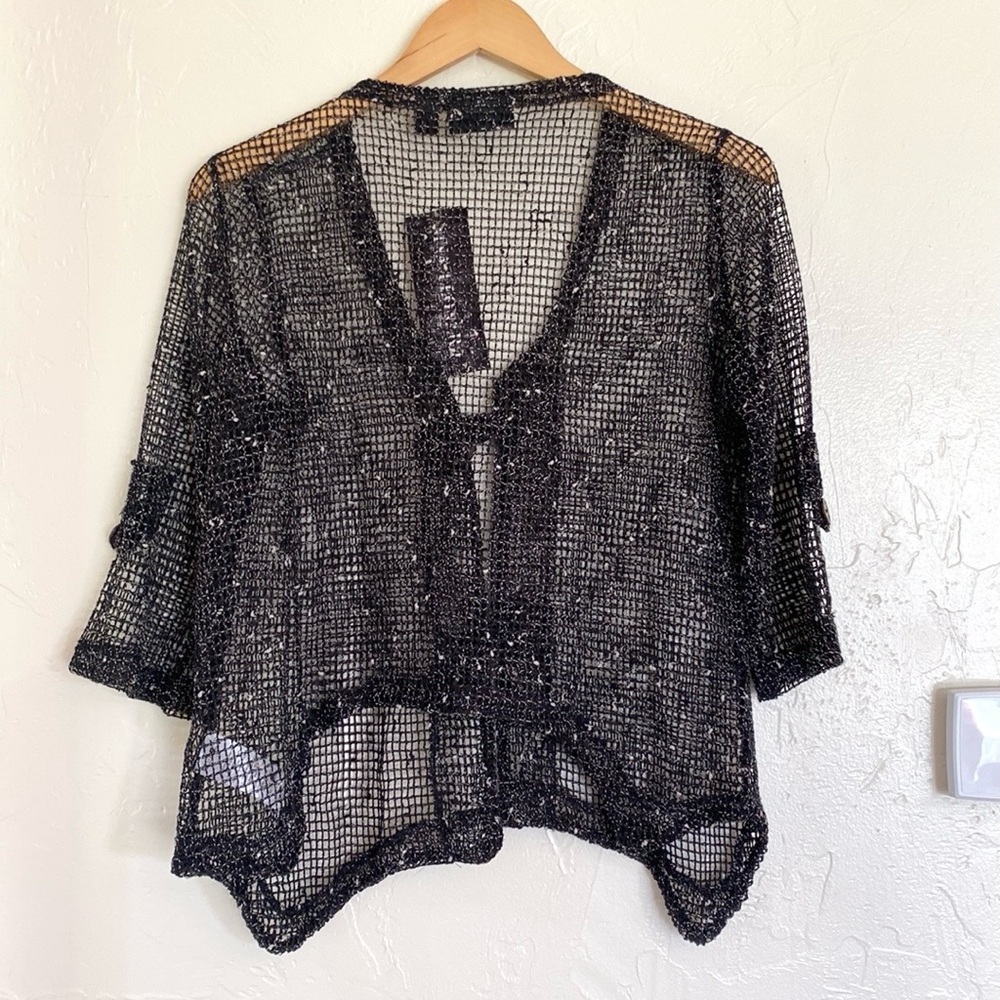 NWT Nina Leonard black loose knit open weave cardigan with oversize buttons - Picture 2 of 8